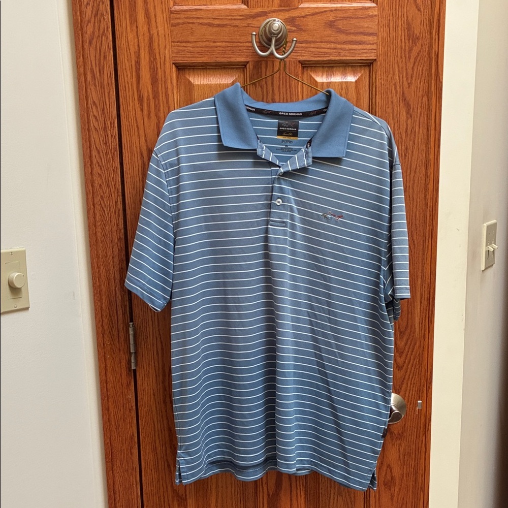 Greg Norman Collection Blue and White Striped Polo Golf Shirt, size XL